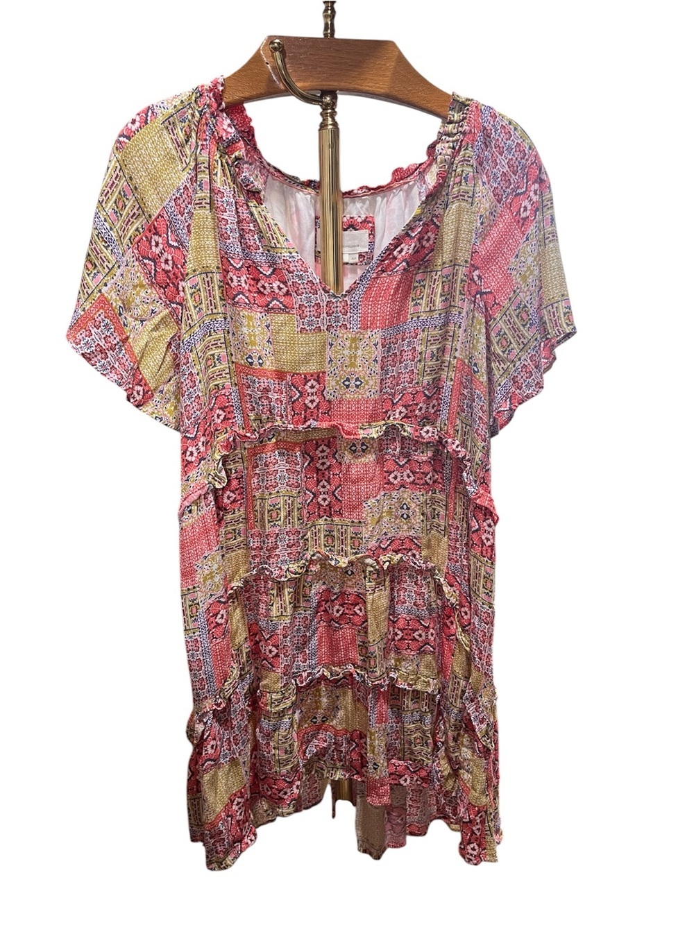 Anthropologie Robin Tiered Mini Dress Pink & Yellow Patchwork XLP - Picture 5 of 12